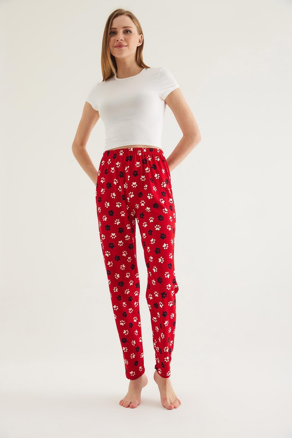 Beli Lastikli Kadın Pijama Altı Kırmızı