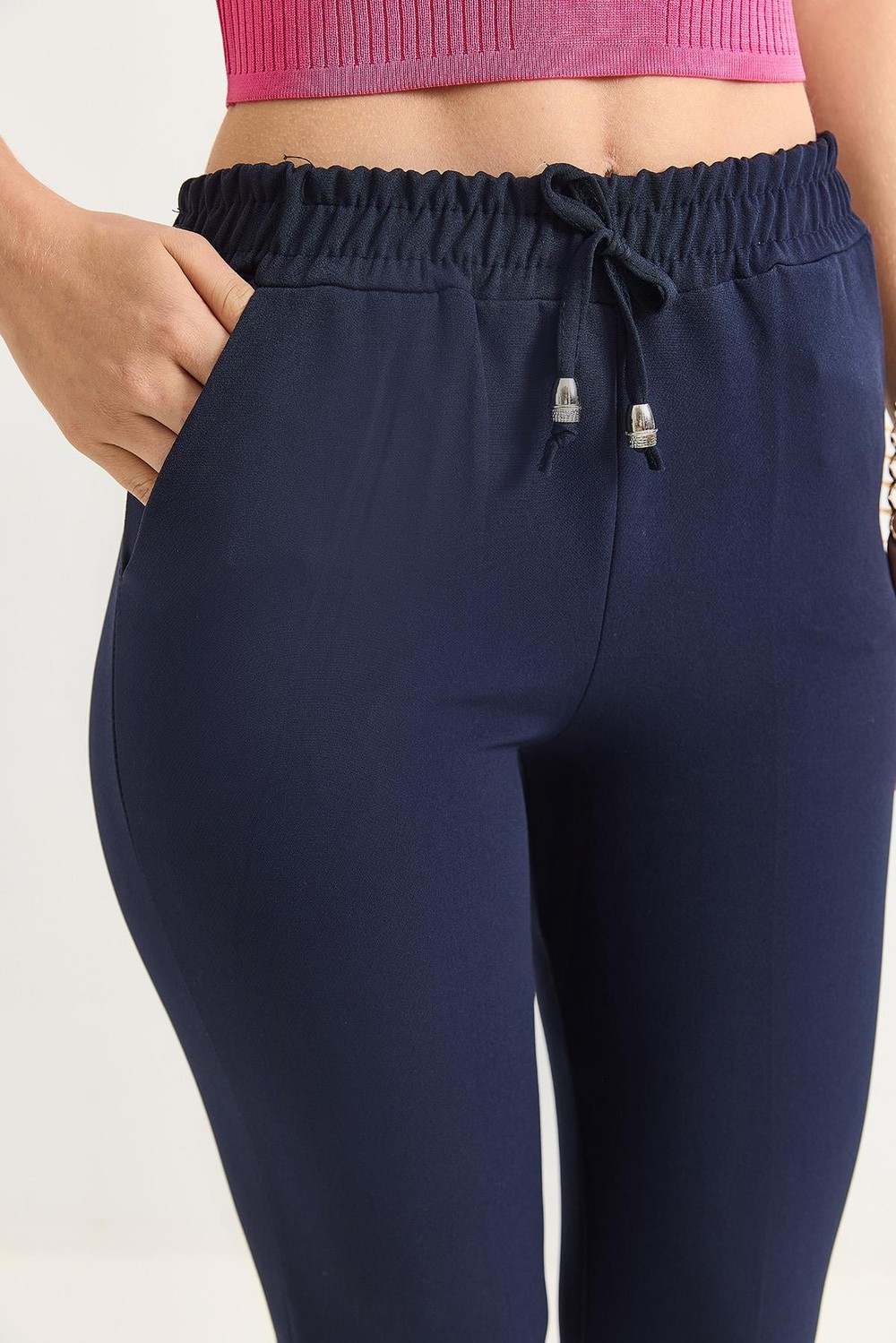 Beli Lastikli Kısa Paça Double Krep Pantolon Koyu Lacivert