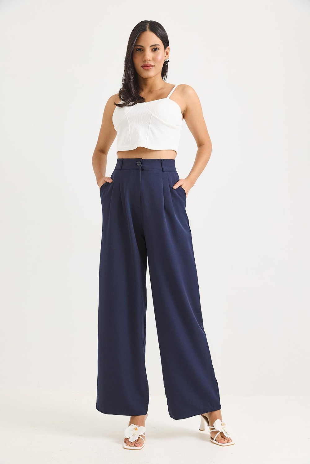 Yüksek Bel Bol Paça Pantalon Lacivert