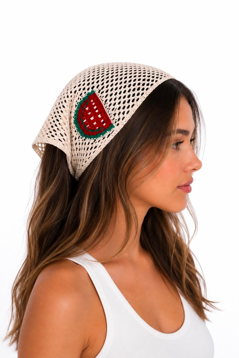 Kadın Karpuz Desenli Örgü Bandana Ekru