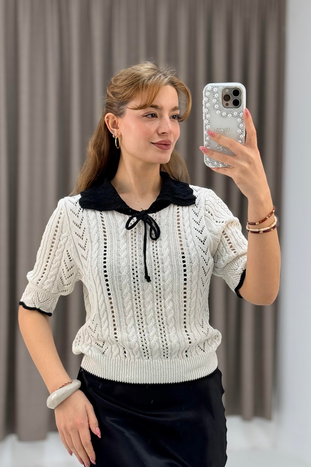 Polo Yaka Ajurlu Triko Bluz Bej