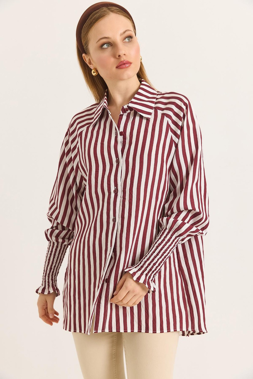 Manşet Detaylı Oversize Şık Gömlek Bordo
