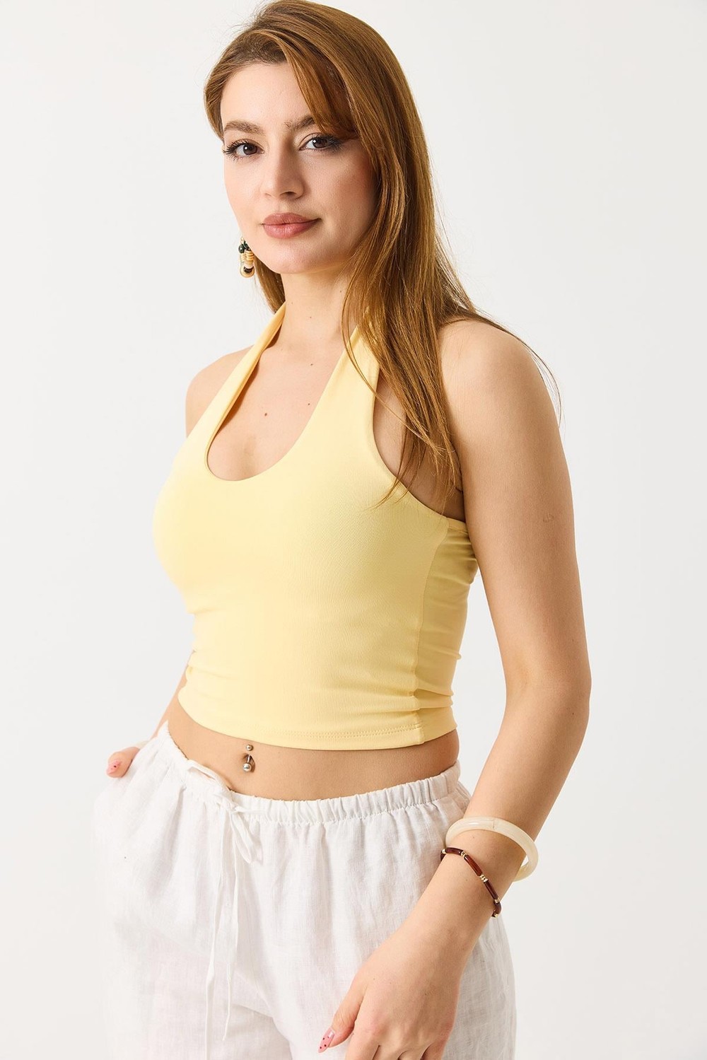 Kadın Boyundan Askılı Crop Bluz Sarı