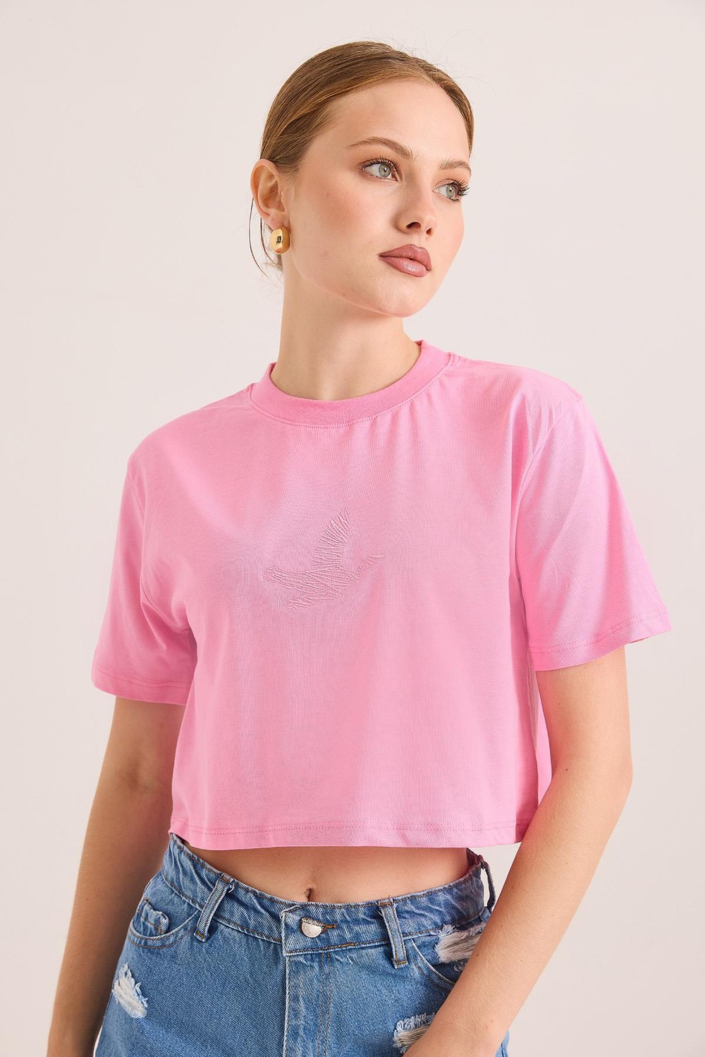 Karikatür Kuş Kabartma Baskılı Örme Crop Tshirt Pembe