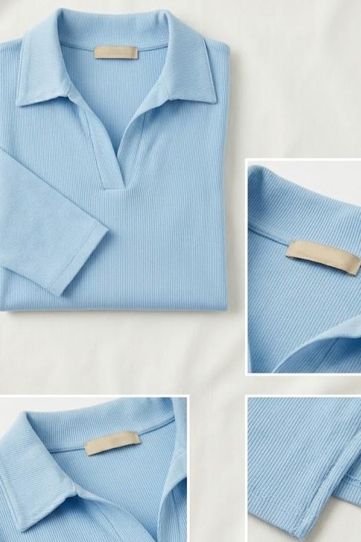 Polo Yaka Basıc Kısa Kollu Örme Kaşkorse Crop Bluz Bebe Mavisi
