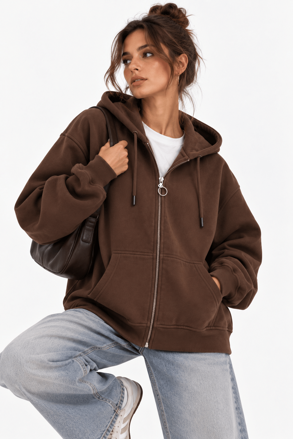 Kapüşonlu Fermuarlı Cepli Oversize Şardonlu Sweatshirt Kahve
