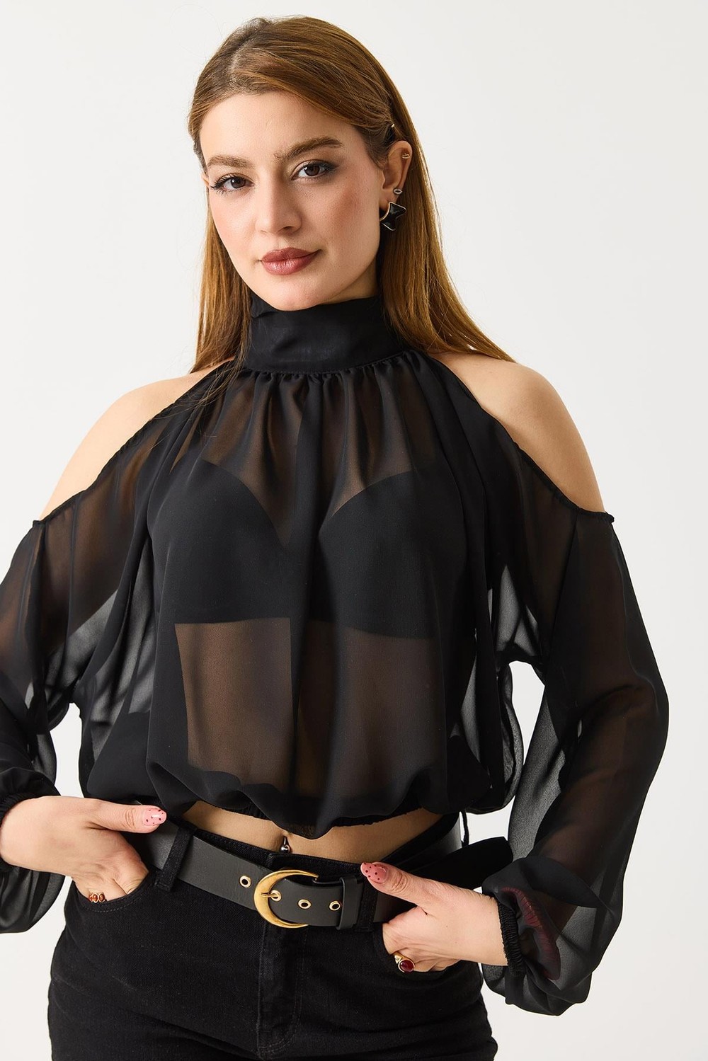 Halter Yaka Full Transparan Omuz Dekolteli  Bluz Siyah