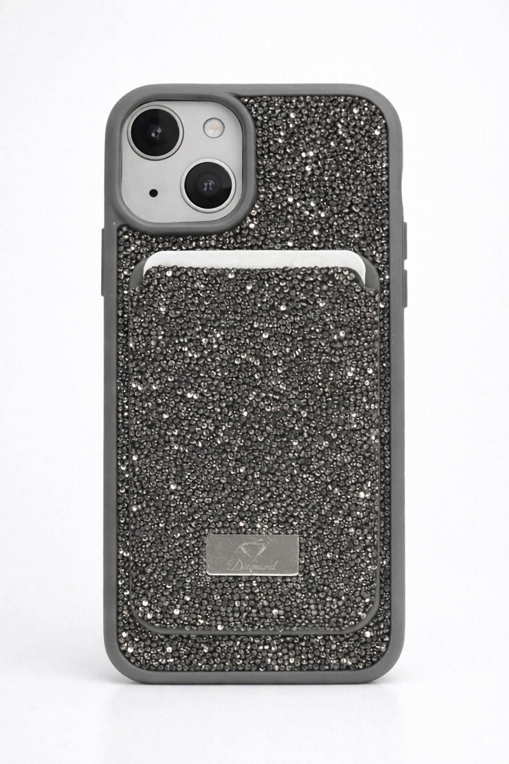 İphone 14 Uyumlu Parlak ve Taşlı Kart Bölümlü Kılıf Antrasit