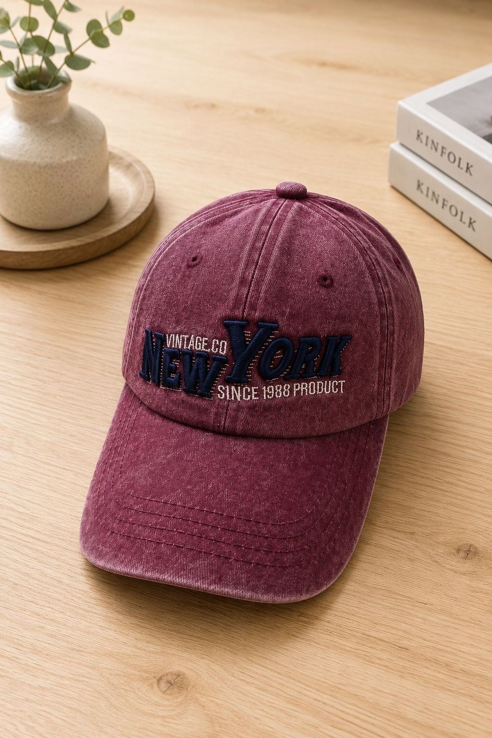 Kadın New York Nakışlı Yıkamalı Şapka Bordo