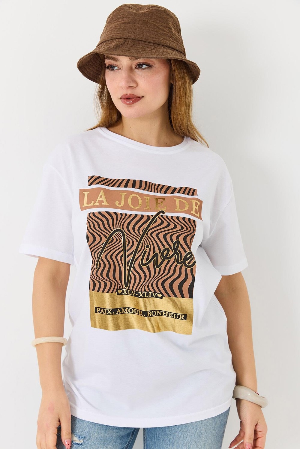Kadın Parlak Yazılı Baskılı Tshirt Beyaz