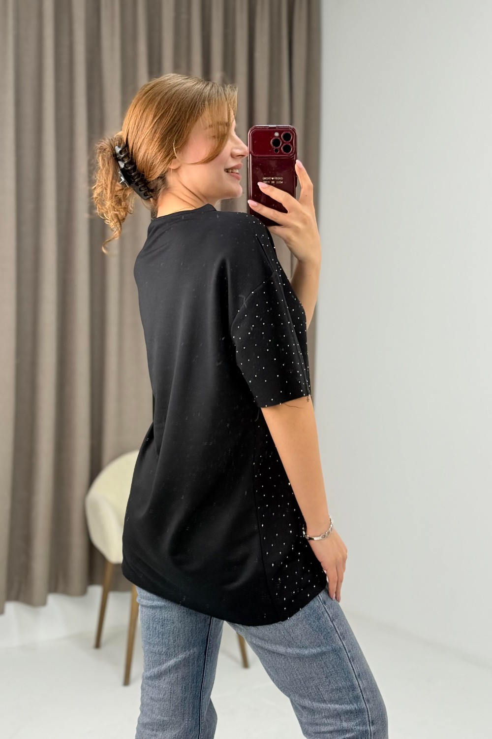 V Yaka Taşlı Yarım Kol T-shirt Siyah