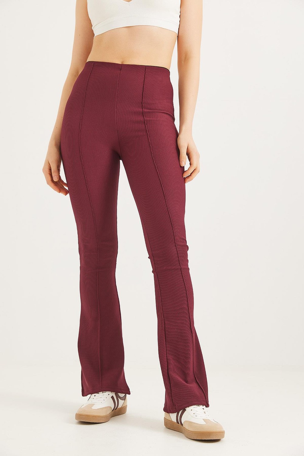 Yüksek Bel Çımalı Fitilli Pantolon Bordo