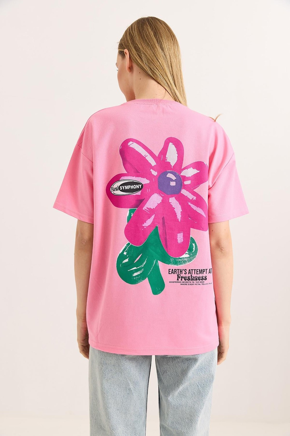 Baskılı Bisiklet Yaka Basic Tshirt Pembe