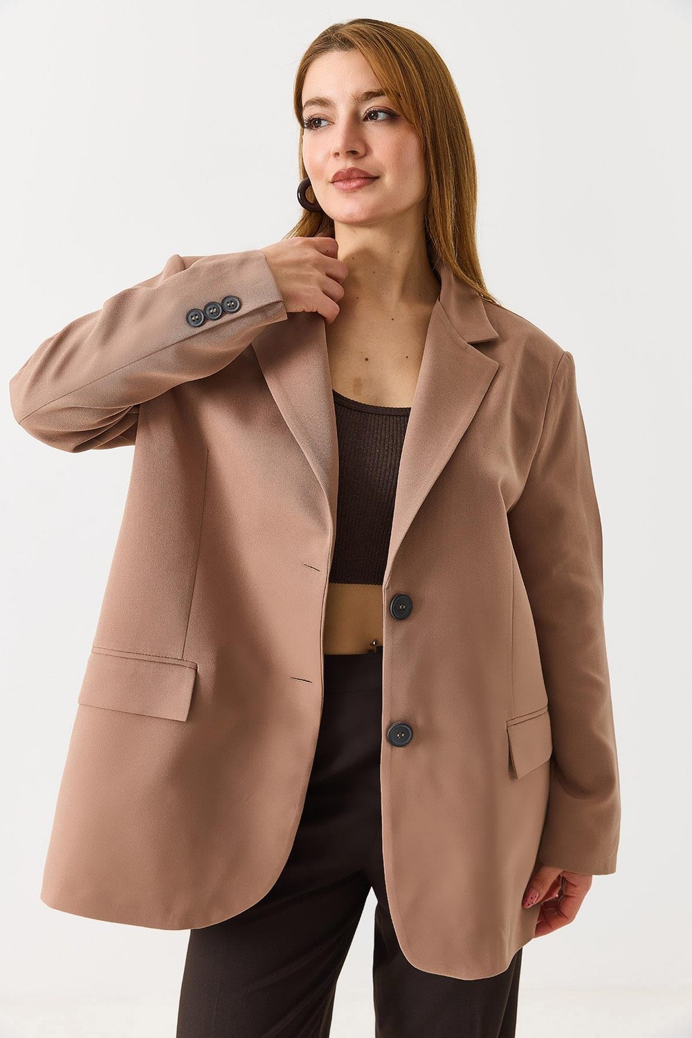 Kadın Oversize Çift Düğmeli Blazer Ceket Kahverengi
