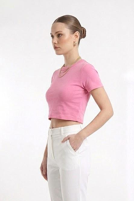Kadın Bisiklet Yaka Düz Crop Bluz Pembe