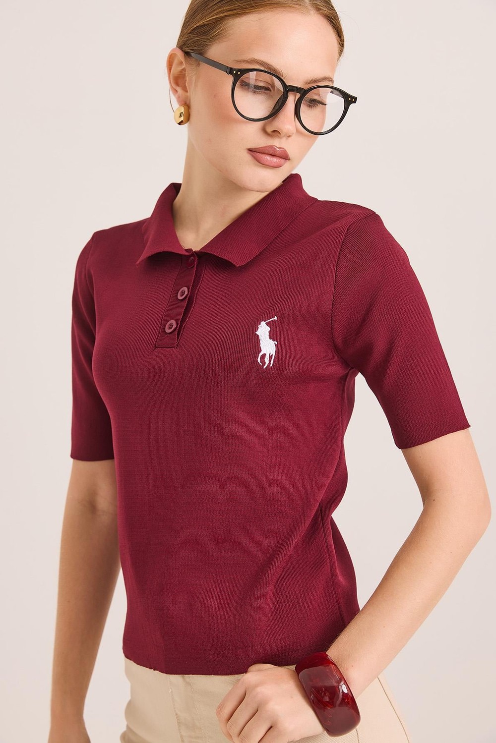 Nakışlı Polo Yaka Düğme Detaylı Triko Tshirt	Bordo