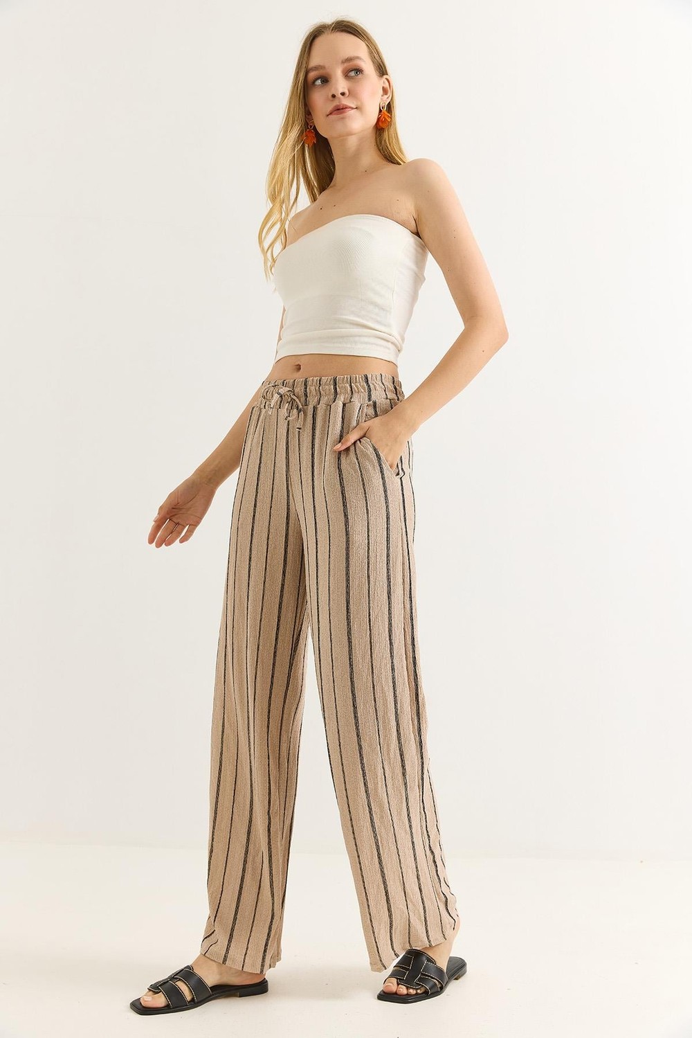 Bürümcük Çizgili Rahat Kesim Pantalon Vizon