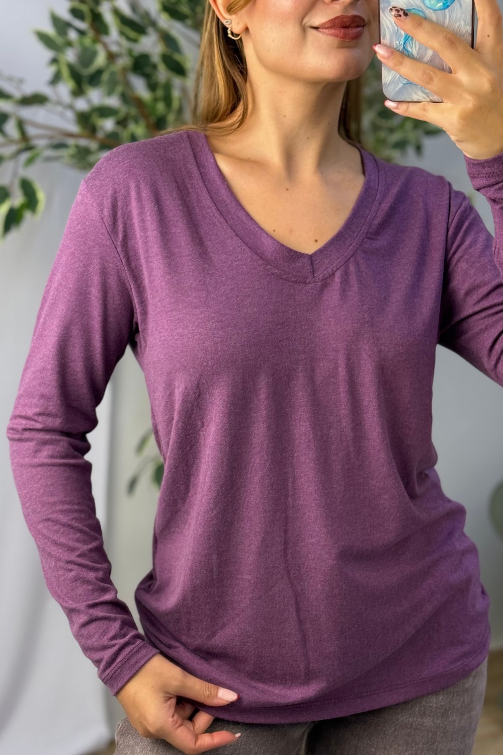 Kadın V Yaka Uzun Kollu Tshirt Mor