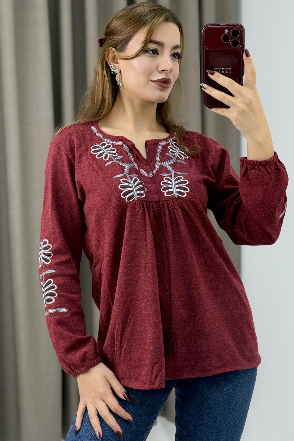Kadın Bordo Triko Etnik Çiçek Nakışlı Kazak