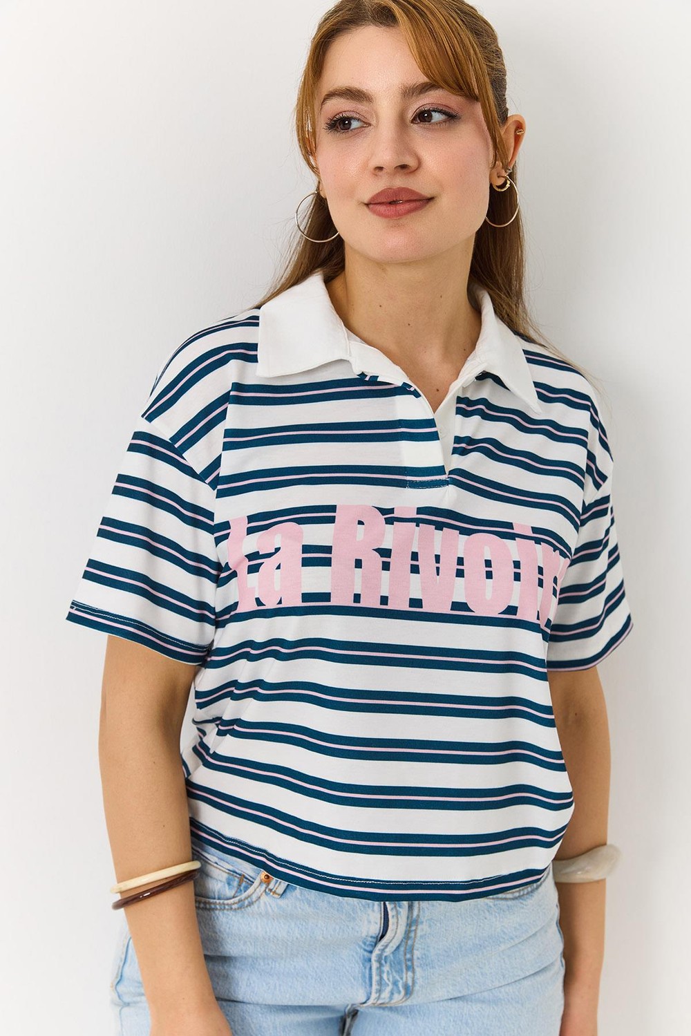 Polo Yaka Çizgili Baskılı Kısa Kollu Tshirt  İndigo