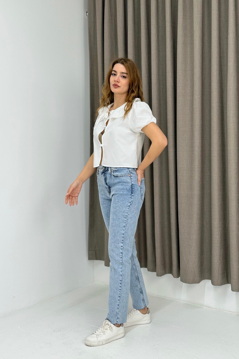 Kadın Taş Kaplama  Mom Kot Pantolon