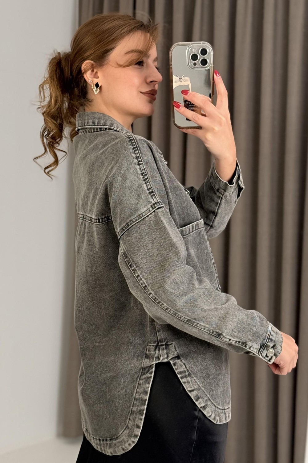 Kadın Oversize Eteği Oval Kesim Kot Gömlek / Ceket
