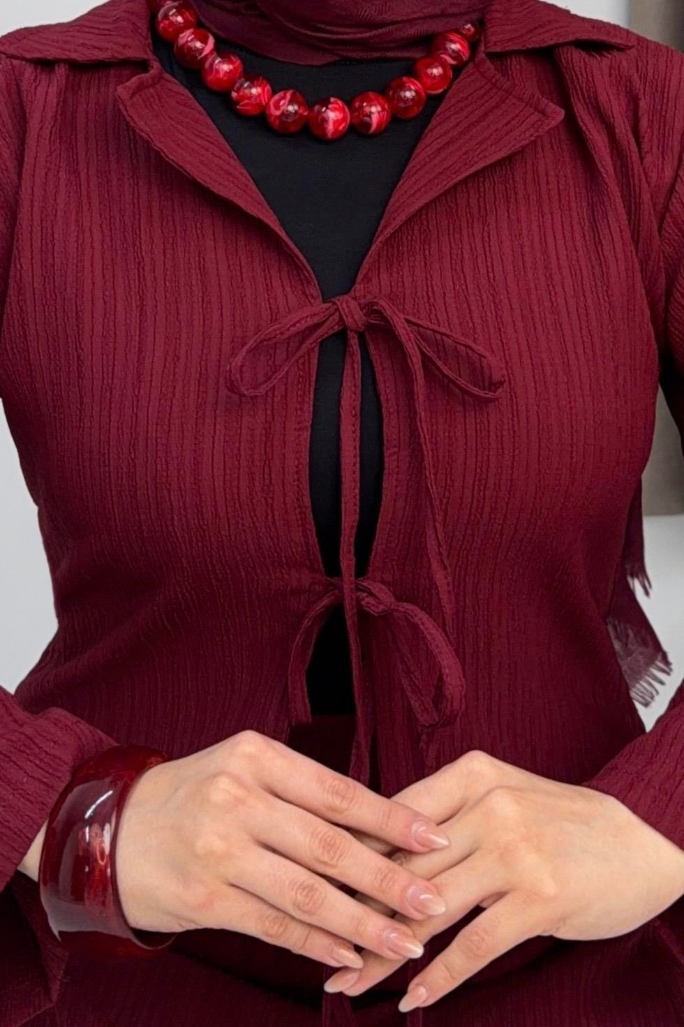 Kadın Önden Bağlamalı Crop Üst - Etekli Takım Bordo