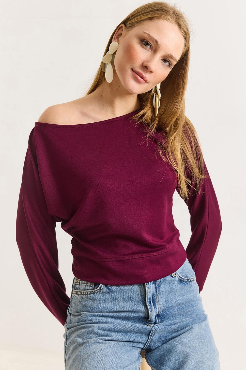Kadın Beli Bantlı Yarasa Yumuşak Dokulu Bluz Bordo