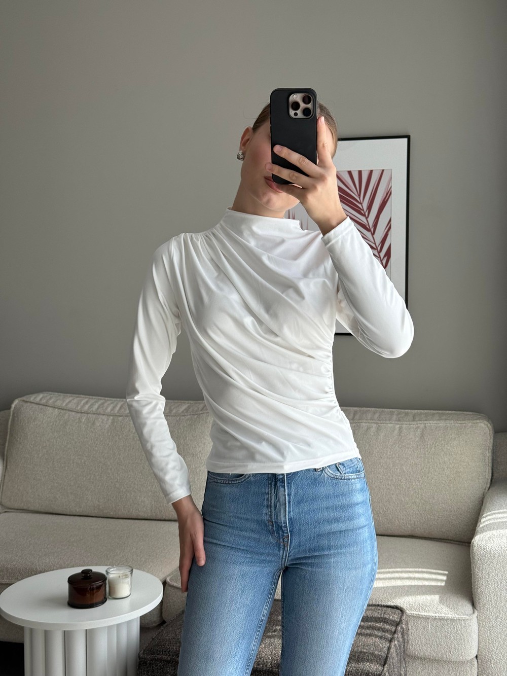  Balıkçı Yaka Drapeli Basic Bluz Beyaz