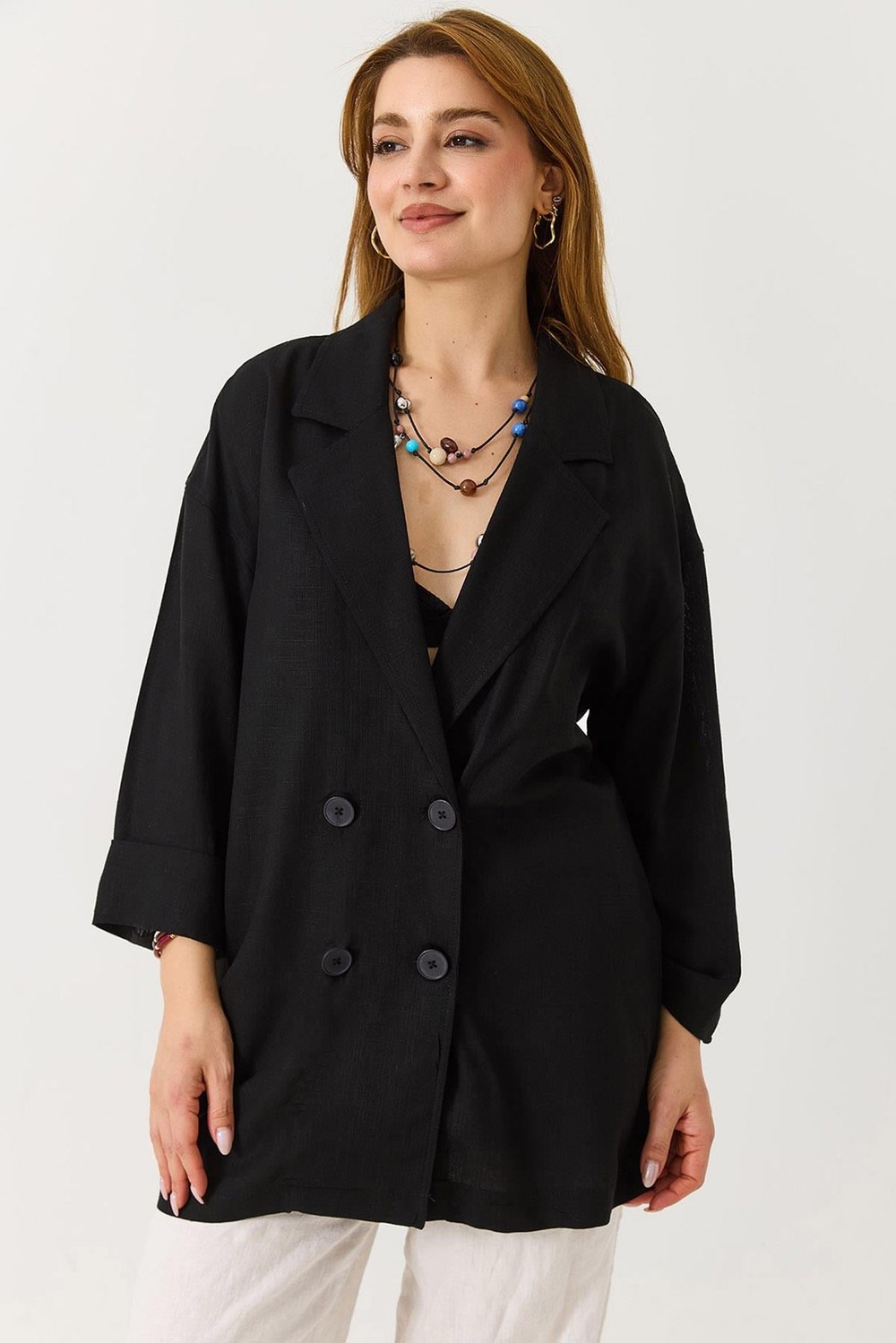 Kadın Kruvaze Yaka Oversize Blazer Ceket Siyah