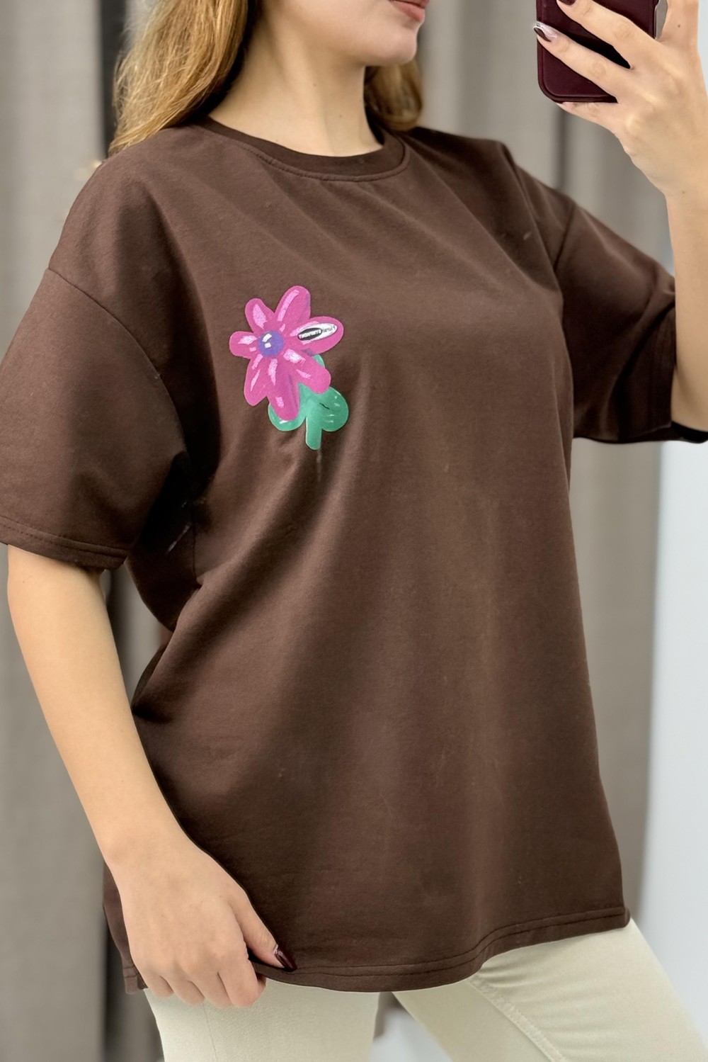 Baskılı Bisiklet Yaka Basic Tshirt Kahverengi