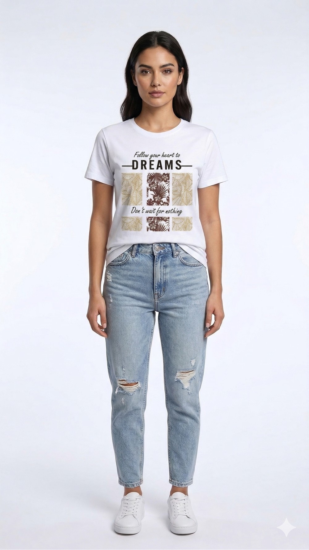 Kadın Bisiklet Yaka Kısa Kollu Baskılı Tshirt Beyaz