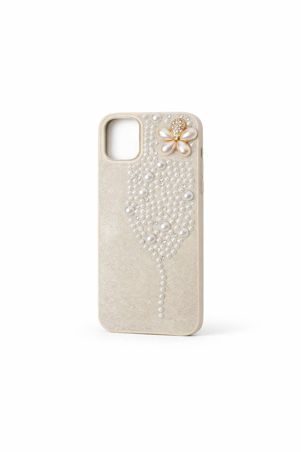 İphone 15 Plus Uyumlu İnci ve Glitter Detaylı Kılıf Beyaz