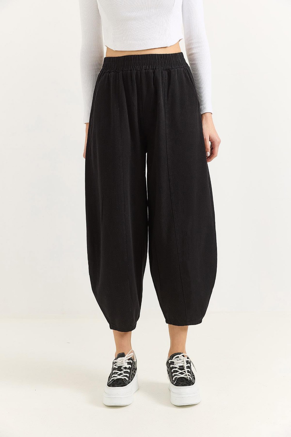 Kadın Beli Lastikli Gabardin Siyah Şalvar Pantolon