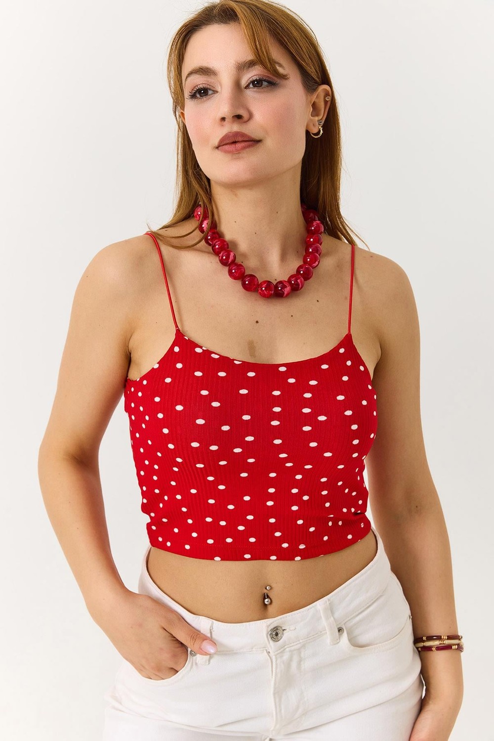 Kadın Askılı Puantiyeli Crop Bluz Kırmızı