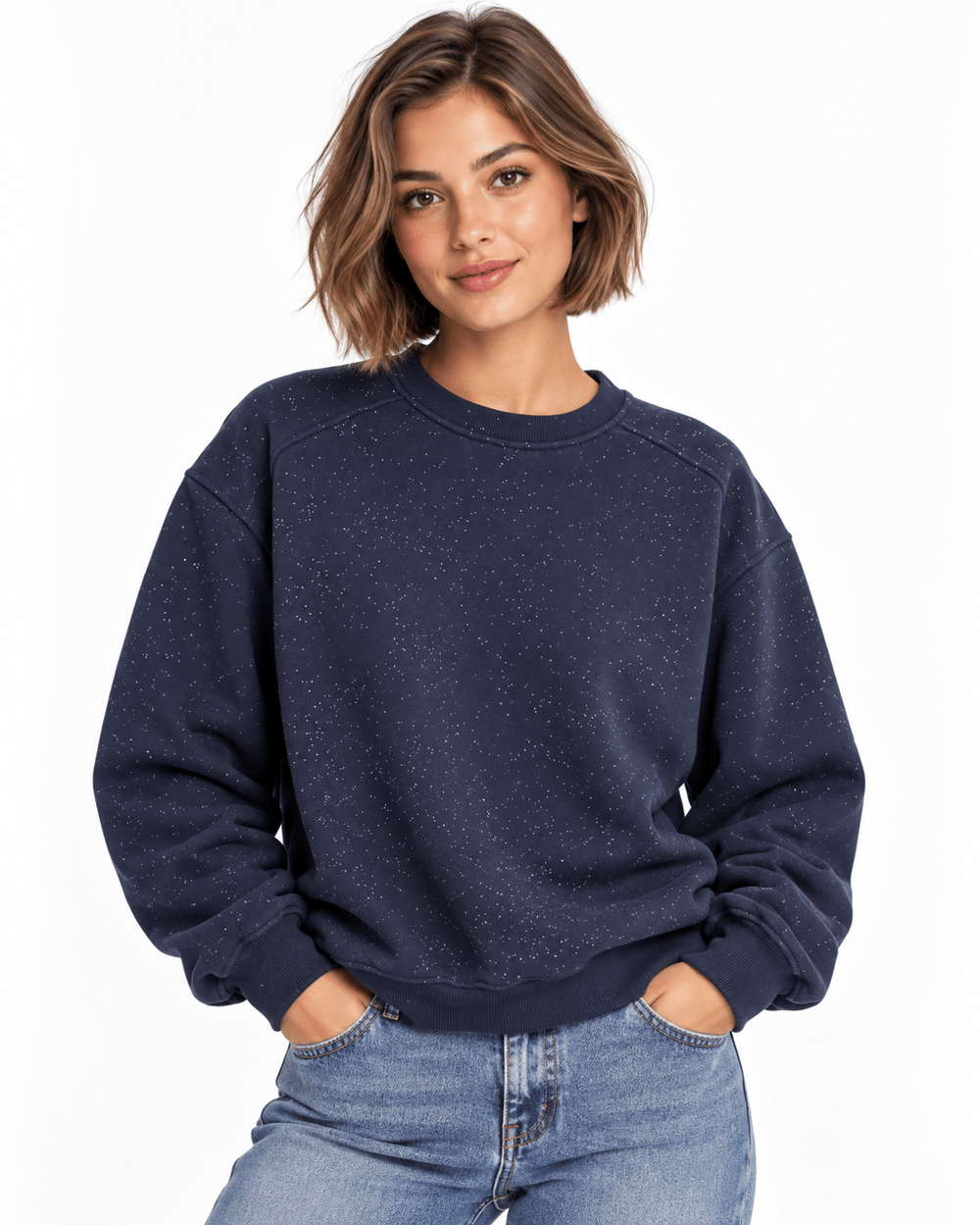 Kadın Bisiklet Yaka Işıltılı 3 iplik Sweatshirt Lacivert