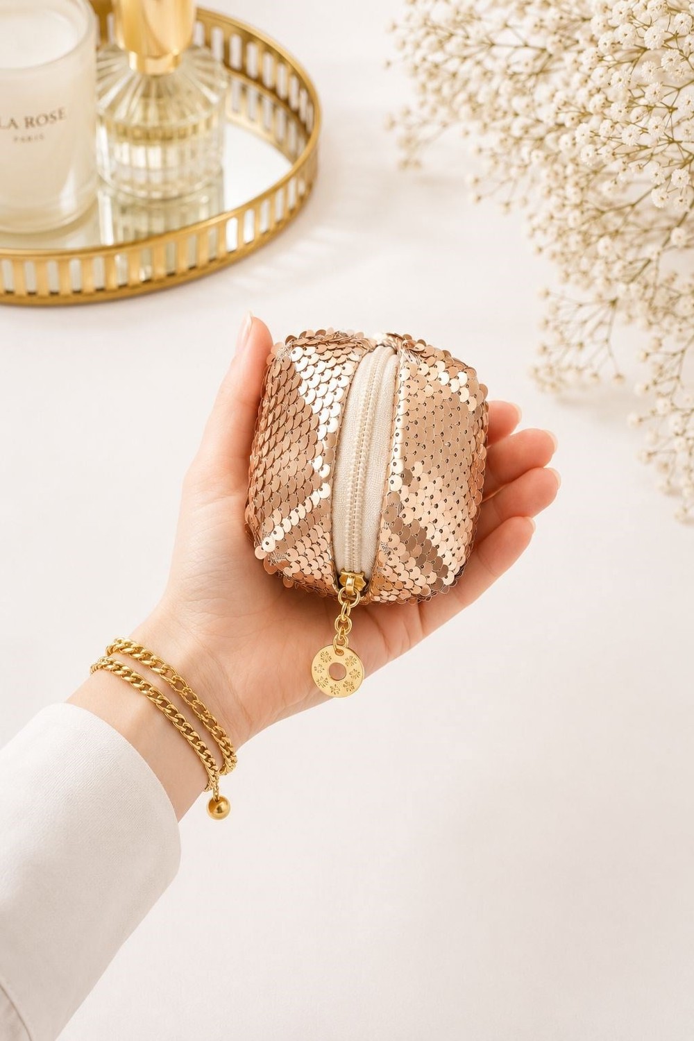 Kadın Pullu 10X7 Ölçülü Mini Boy Makyaj Çantası Gold