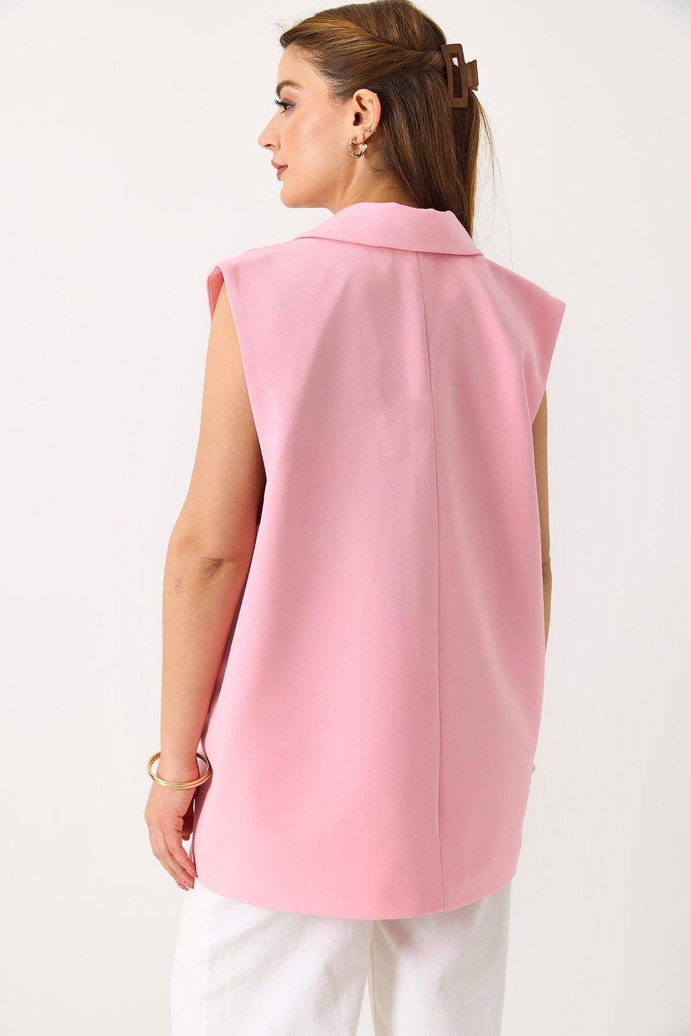 Kadın  Oversize Kruvaze Sıfır Kol Yelek Pembe