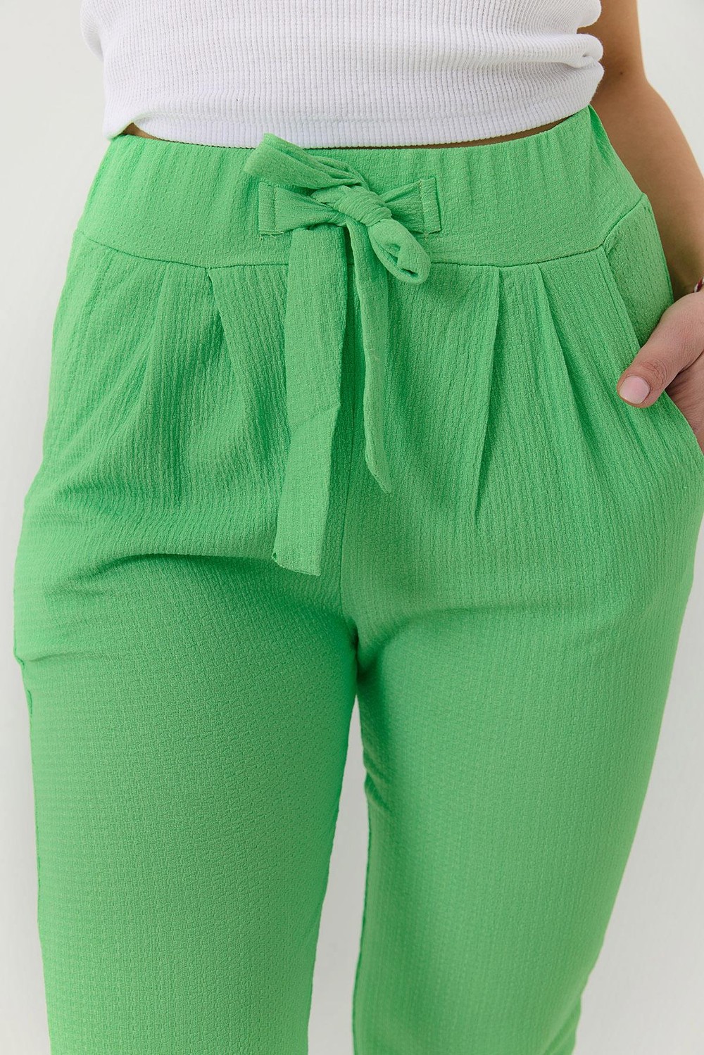 Bağlama Detaylı Bürümcük Örme Pantalon Yeşil