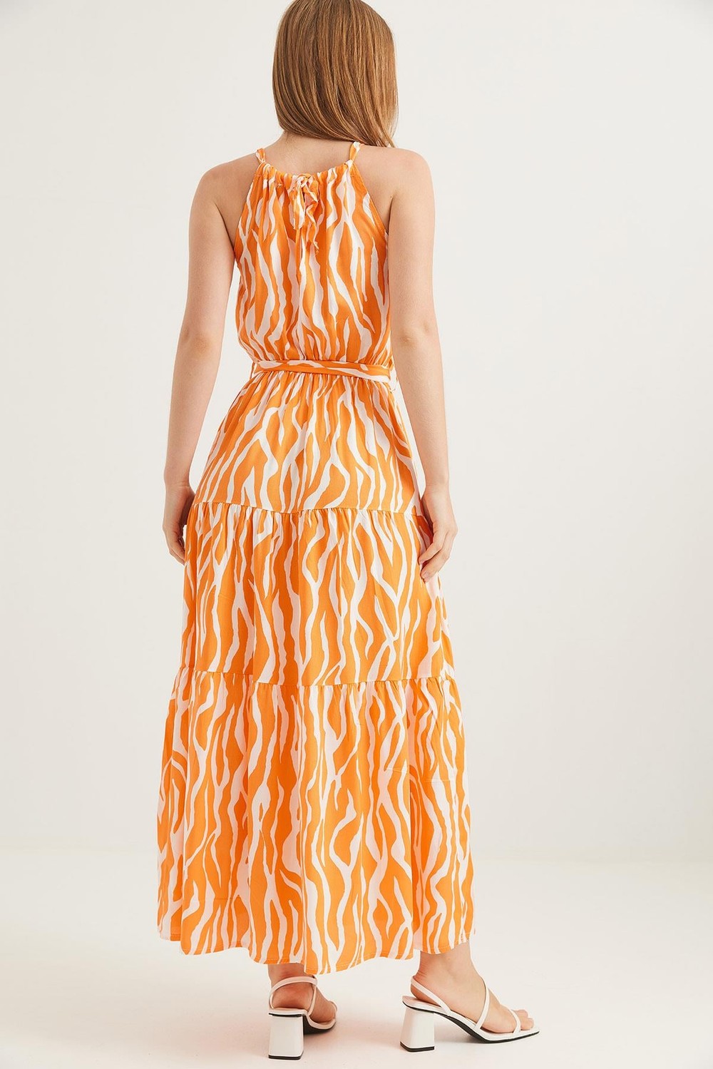 Zebra Halter Yaka Kuşaklı Elbise Turuncu