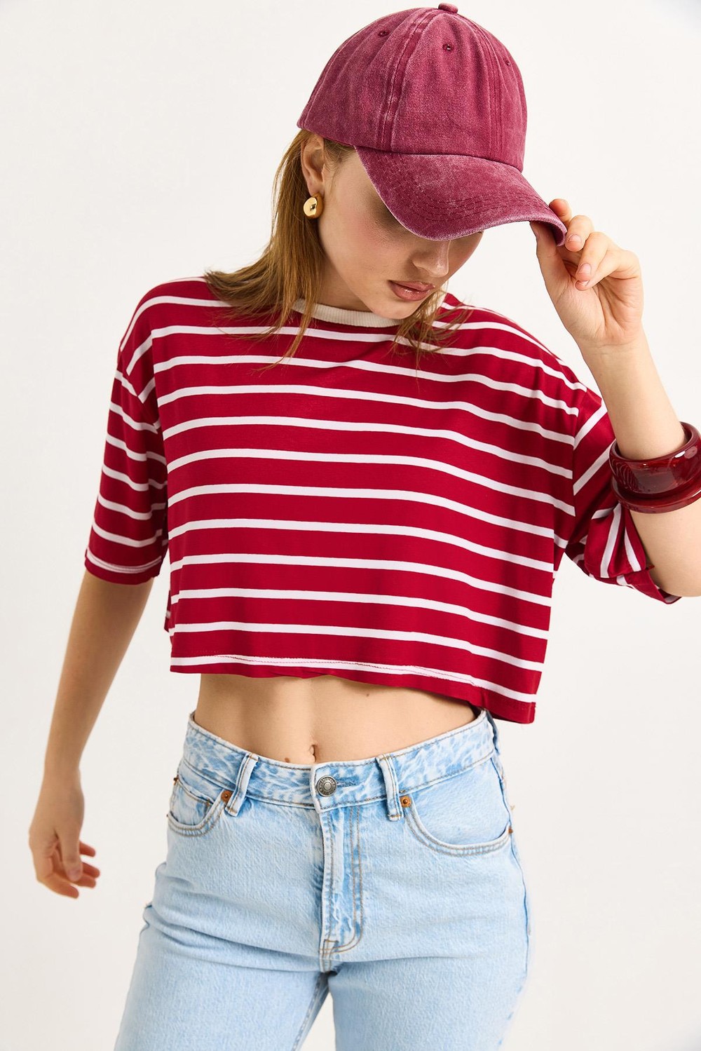 Çizgili Salaş Rahat Kumaş Crop Kırmızı