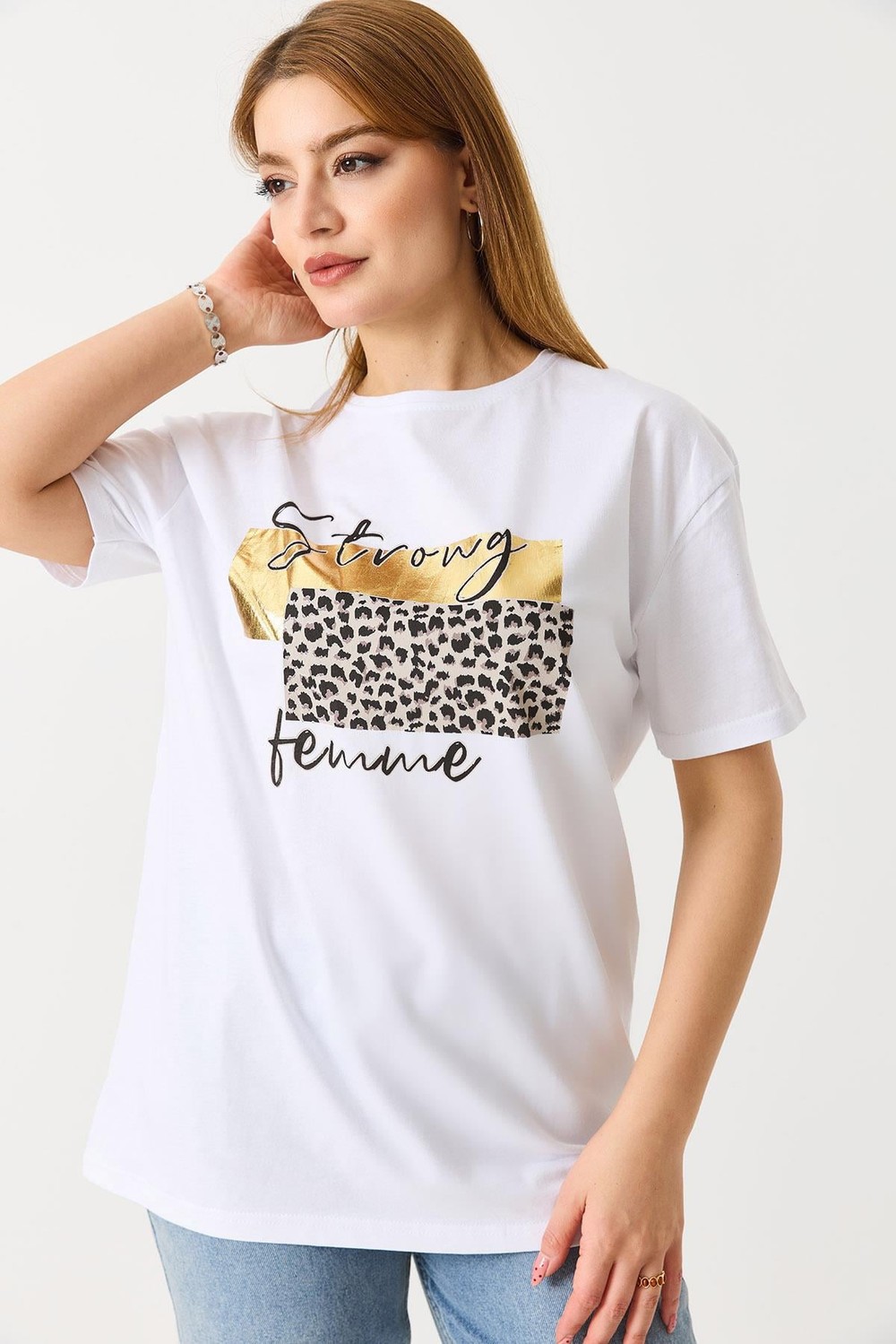 Kadın Bisiklet Yaka Baskılı Kısa Kol Tshirt Beyaz