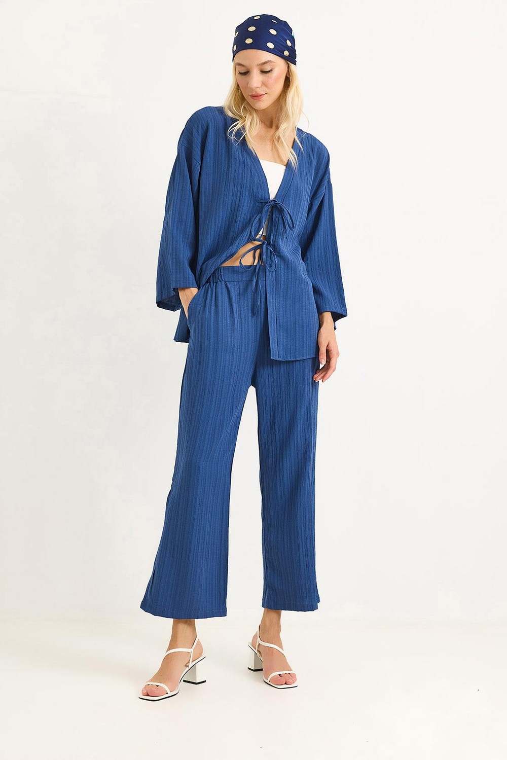 Kimonolu Pantalon Krınkıl Takım Mavi