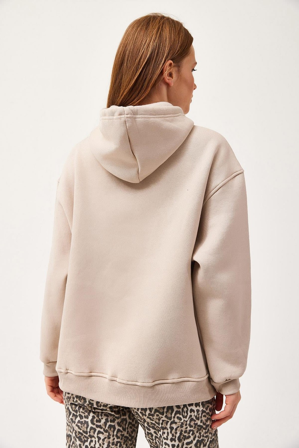 Oversize Kapüşonlu Kanguru Cepli Sweatshirt Bej