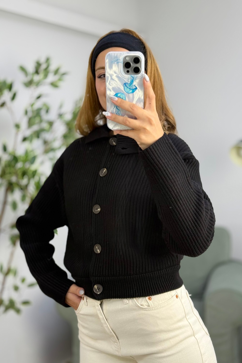 Kadın Dik Yaka Düğme Detaylı Oversize Triko Hırka Siyah