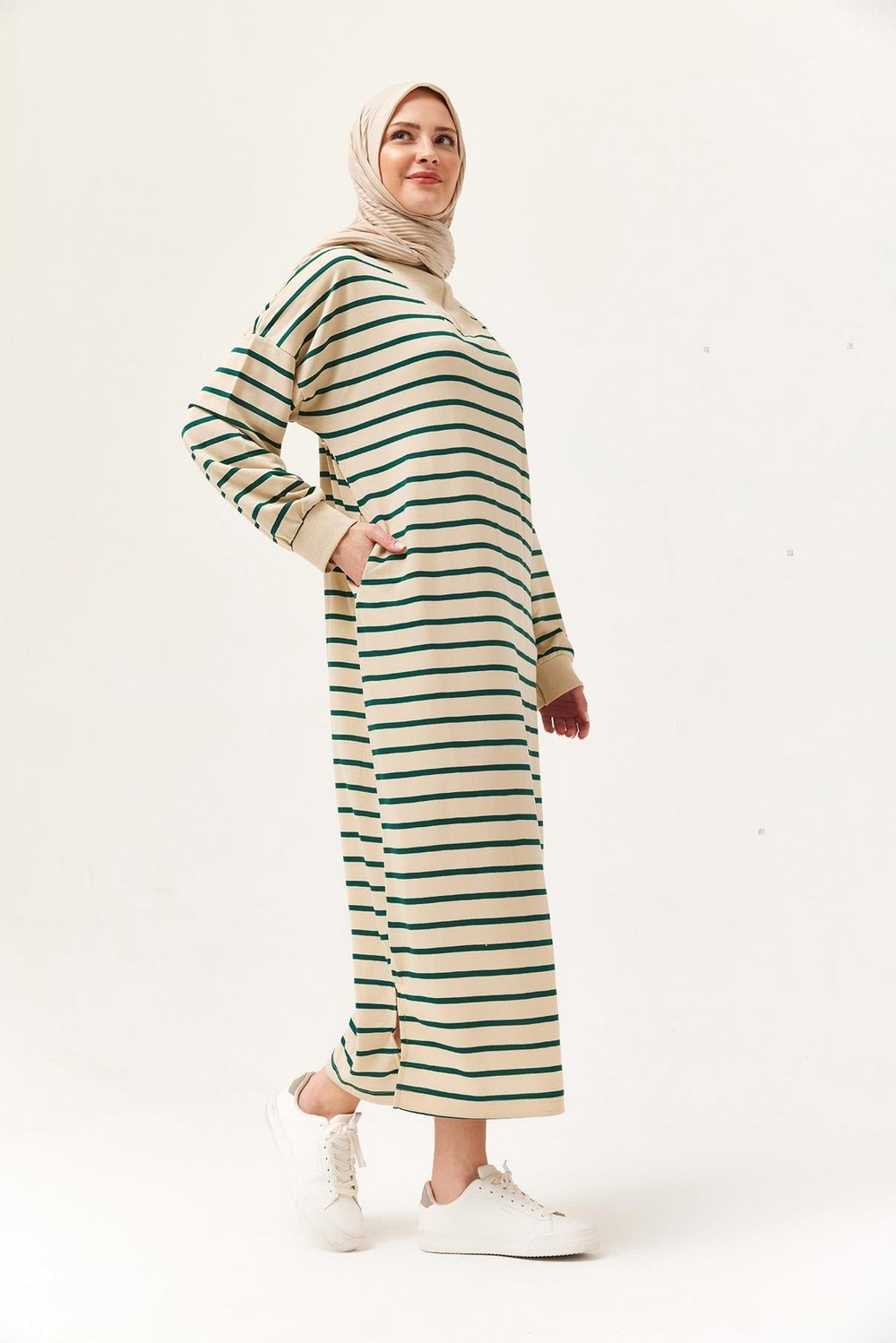 Yarım Fermuar Çizgili Uzun Elbise Yeşil
