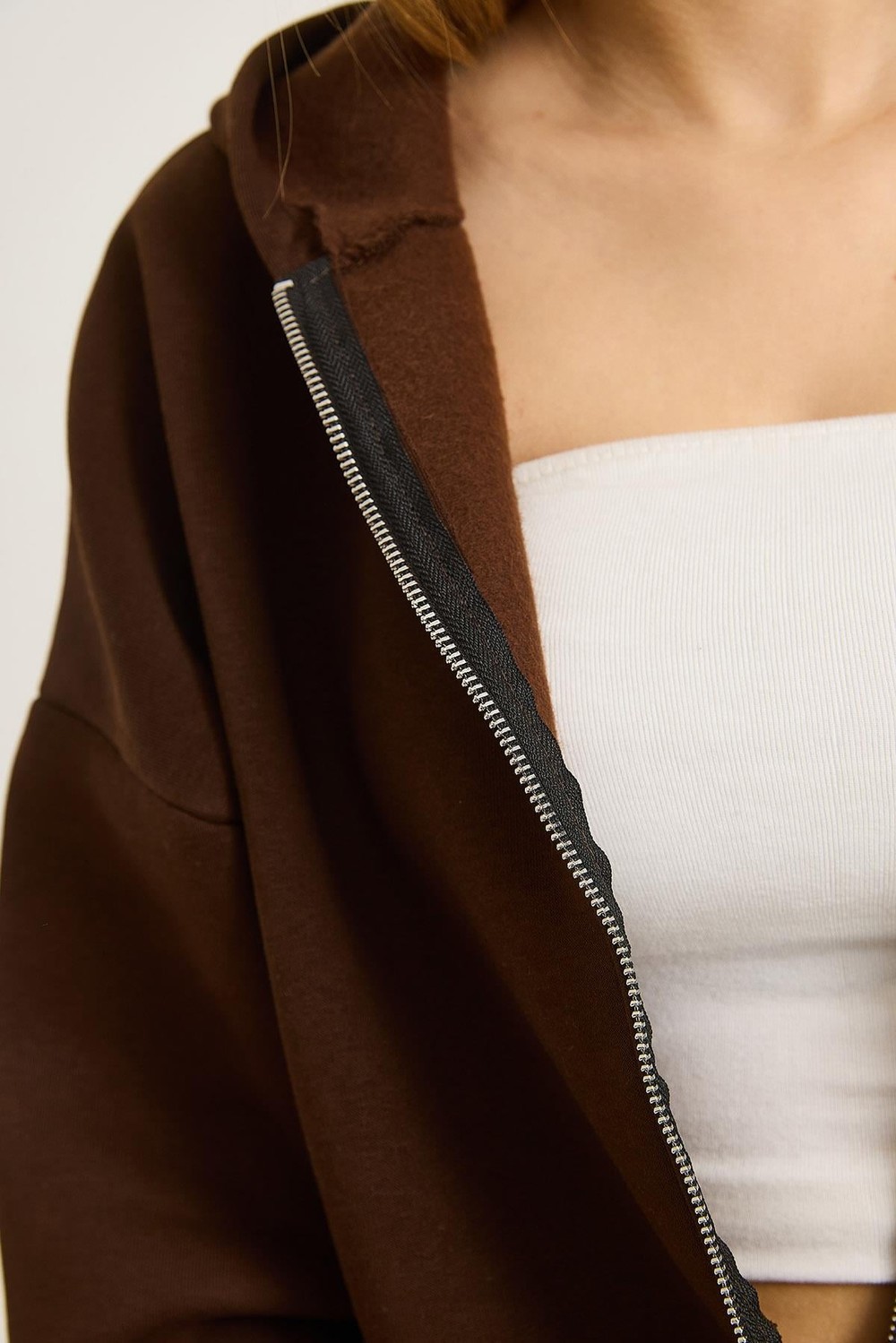 Kadın Oversize Kapüşonlu Fermuarlı Hırka Kahve