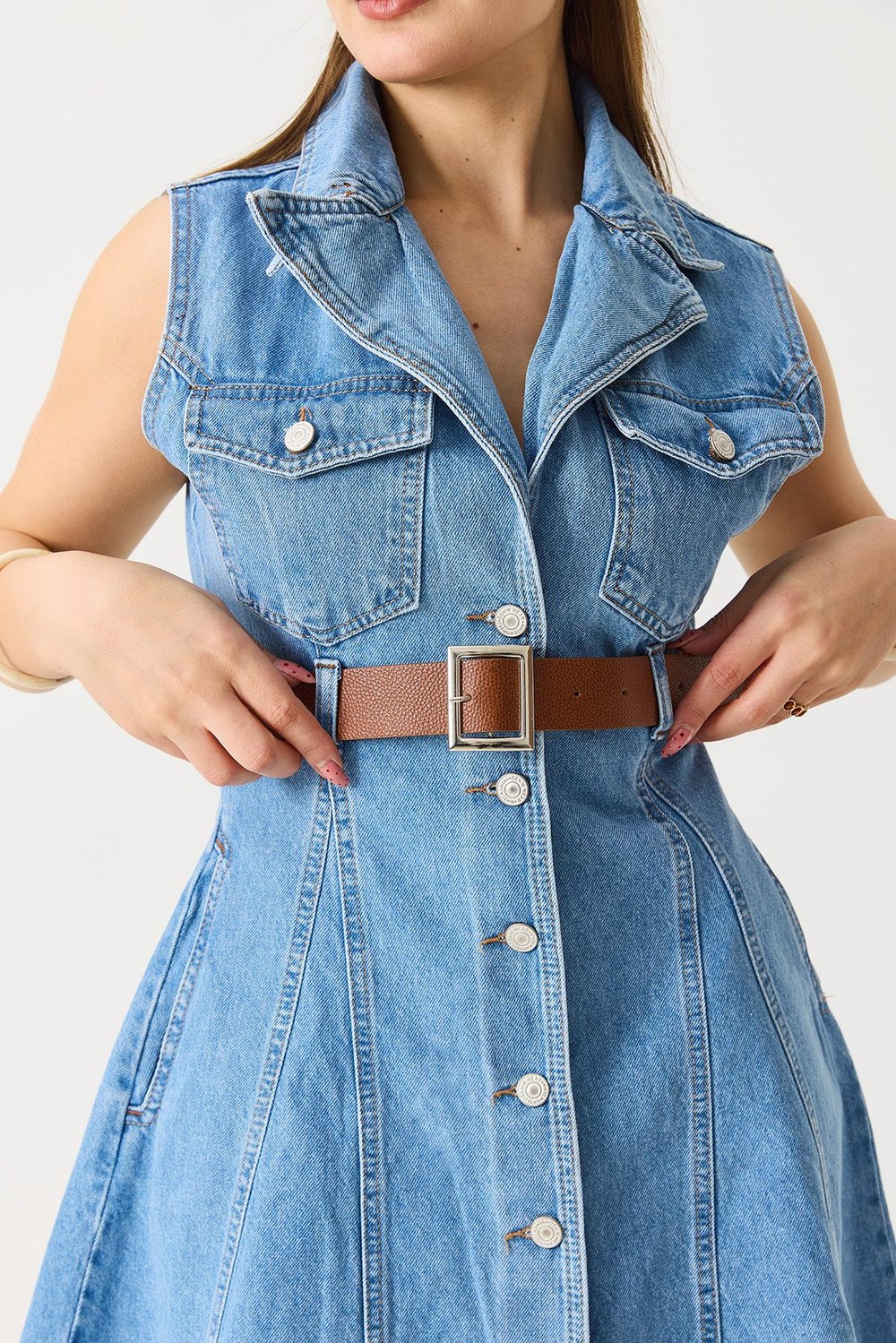 Kemerli Önden Düğmeli Kolsuz Denim Elbise Mavi