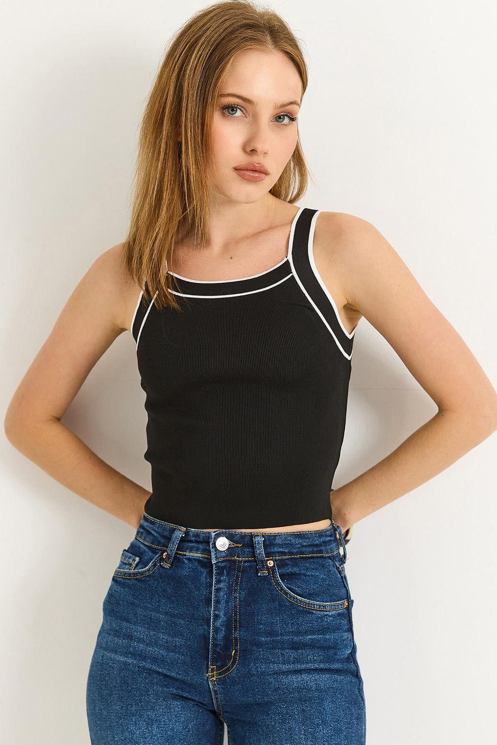 Halter Yaka Triko Bluz Siyah