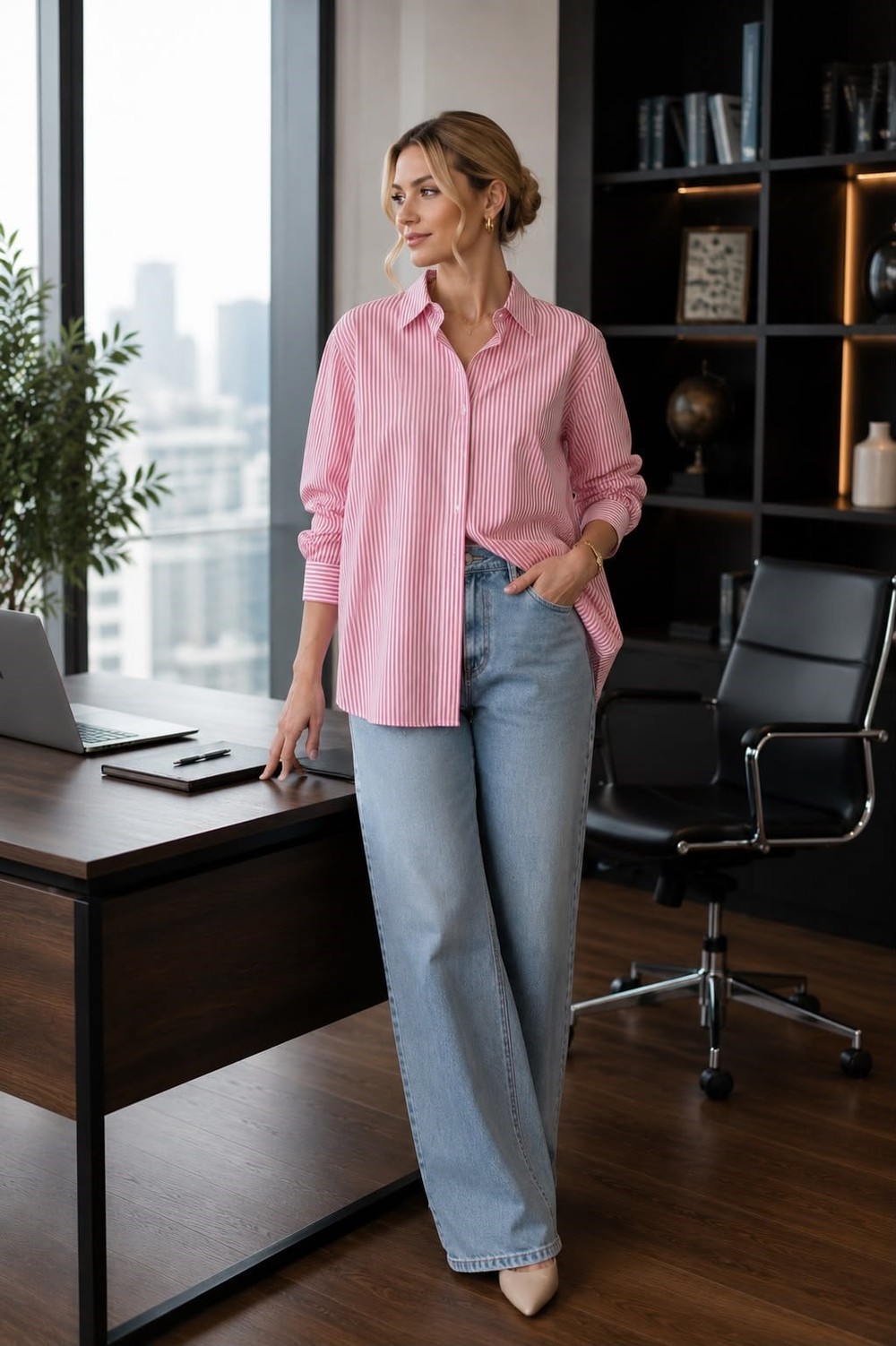 Çizgili Oversize Basic Gömlek Pembe